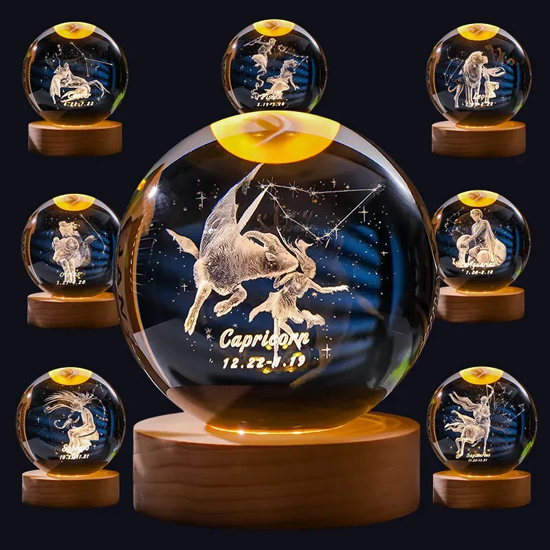 Zodiac 3D Crystal Ball Lamp – LED Light Base | Horoscope Gift
