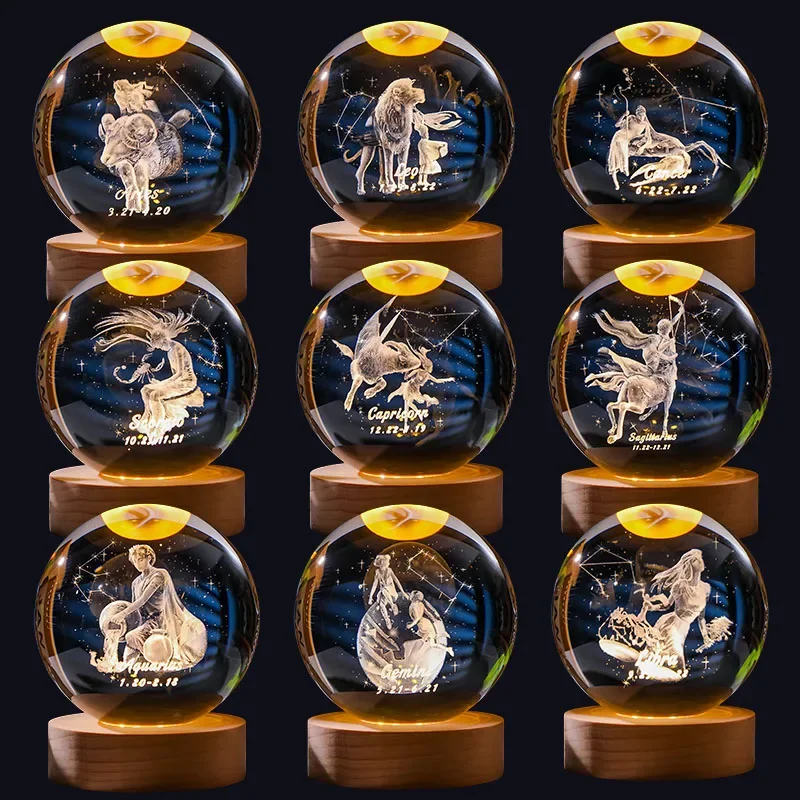 Zodiac 3D Crystal Ball Lamp – LED Light Base | Horoscope Gift